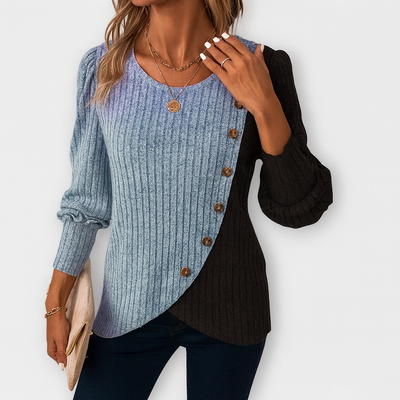 Färgbloxad tröja med asymmetrisk skärning – Slående stil möter vardagskomfort